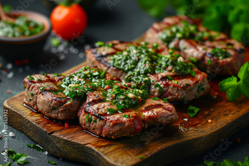 Homemade grilled steak with chimichurri sauce and spices. Generative AI