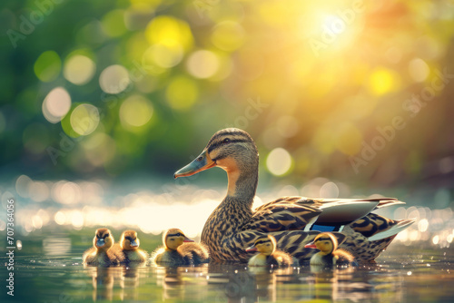 Mother duck and her ducklings in a pond. Generative AI
