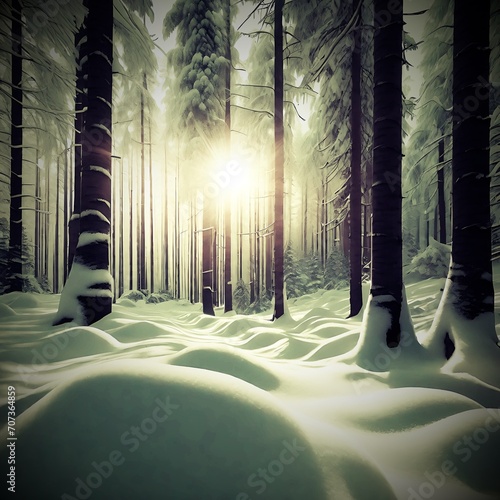 Snow Forest Mountain Tree Landscape Winter panorama. A serene winter landscape with a snow covered forest and mountain range, gleaming peaks, snow laden slopes