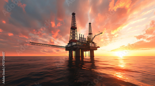 Uma vista panorâmica de uma plataforma de petróleo marítima contra um pôr do sol pitoresco mostrando a infraestrutura complexa envolvida na exploração de petróleo no mar