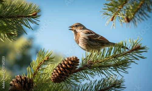 sparrows sitting on the spruce branch
