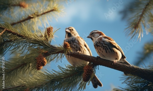 Sparrows sitting on a branch of a pine in the spring