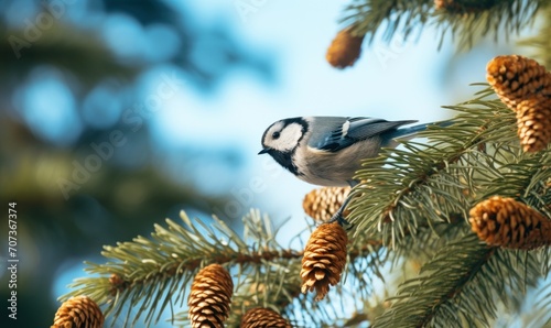 Blue tit tit on a fir branch with cones in the autumn forest.