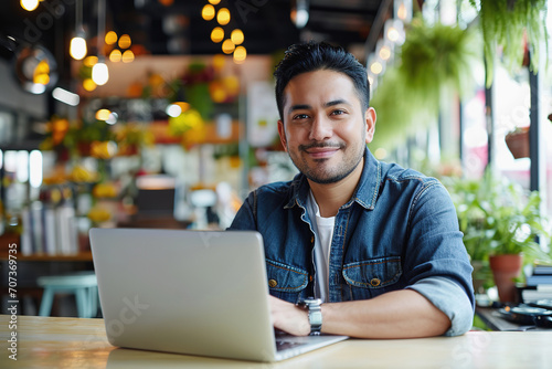 Hispanic man using laptop in cafe, work remote or having online training