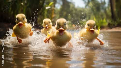 Playfulness of ducklings paddling in shallow waters