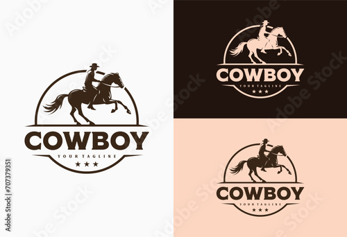 cowboy logo riding a horse with circle background design vector illustration