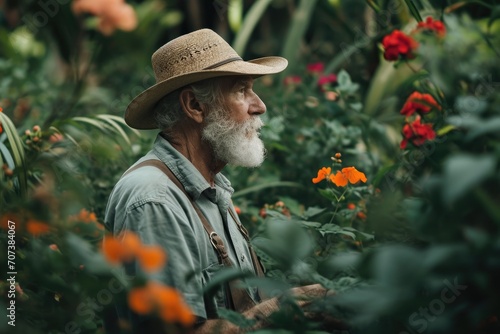A stylish man in a sun hat stands amongst the vibrant flowers in his peaceful garden, adding a touch of elegance to the natural beauty