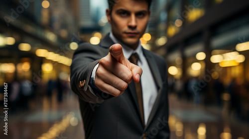 Man in suit pointing his finger at you and the camera