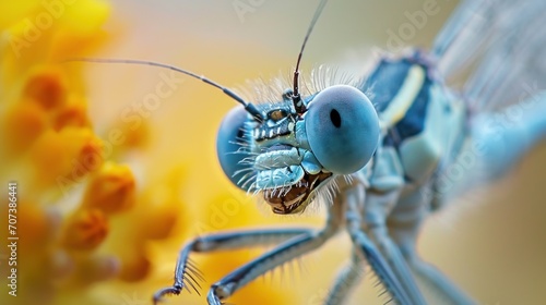  a close up of a blue dragonfly with a yellow flower in the background and a blurry image of a blue dragonfly on it's back side.