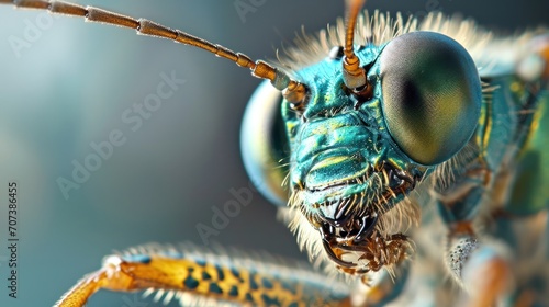  a close up of a blue and yellow insect with a long, pointed nose and long antennae on it's head, looking directly into the camera lens, with a blurry background of another insect in the foreground.