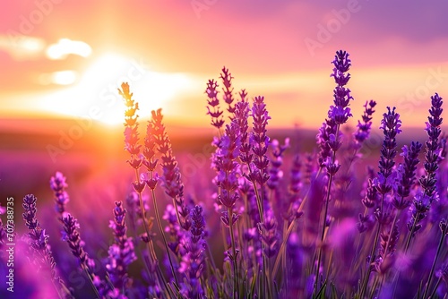 A vibrant sea of violet and lavender flowers dance under the magenta sky, basking in the warm embrace of the rising sun in a summer field