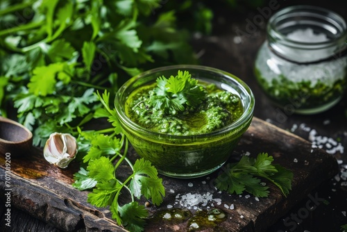 Italian dip and dressing homemade food concept on rustic wooden dark background with coriander herb