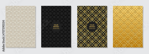 A set of original covers, vertical templates. A collection of embossed, geometric backgrounds with ethnic gold 3D patterns. Ornamental handmade creativity of the East, Asia, India, Mexico, Aztec, Peru