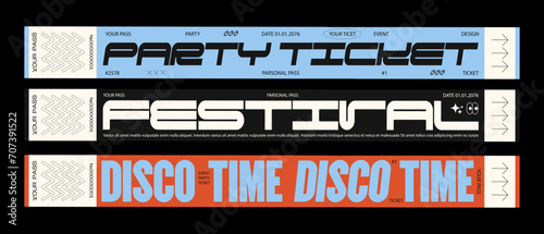 Control ticket bracelets for events, disco, festival, fan zone, party, staff. Vector mockup of a festival bracelet in a futuristic style 