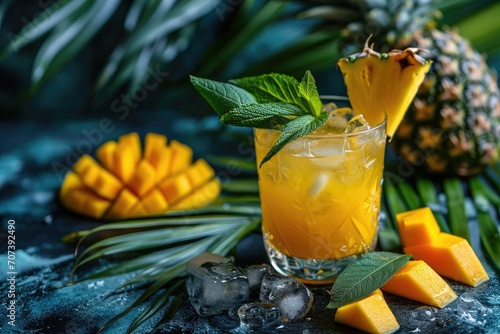 Tropical drink with vodka pineapple mango and ice Summer mocktail with exotic fruits on a dark palm leaf background