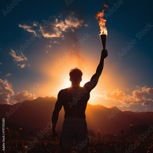 silhouette of a man holding the torch of the olcmpic fire