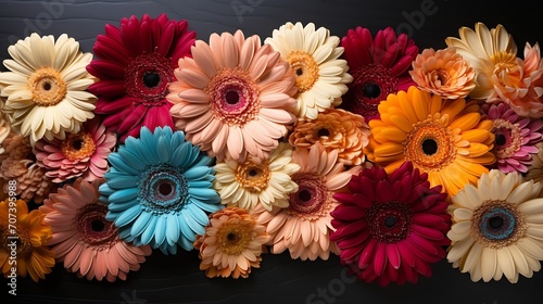 Colorful gerbera flowers over blue background. Top view flat lay with frame for your text or greetings : Generative AI