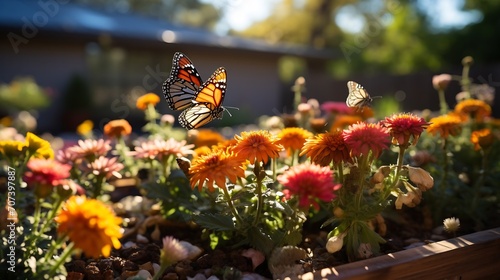 A colorful backyard pollinator garden. : Generative AI