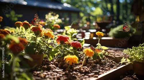 A colorful backyard pollinator garden. : Generative AI