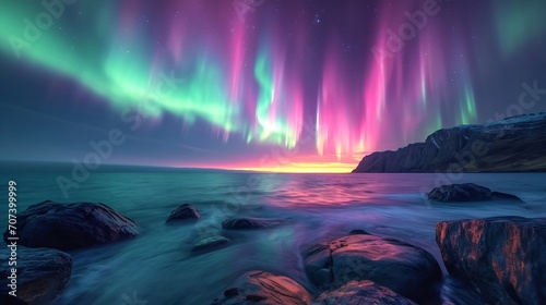 Aurora borealis (nothern lights) over sea coast with boulders : Generative AI