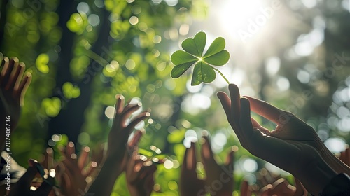People try to catch a lucky four-leaf clover with their hands that flies away from them