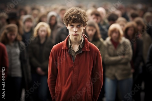 "Bold Individualism" - In sharp focus, a teenager in a red hoodie stands out among a faceless crowd, a striking representation of bold individuality and personal identity..