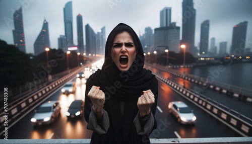 Mujer árabe gritando en la ciudad nocturna urbano con emoción intensa en un mundo acelerado - Gritos de manifestación por los derechos de las mujeres - Día de la mujer 8M - 8 de Marzo