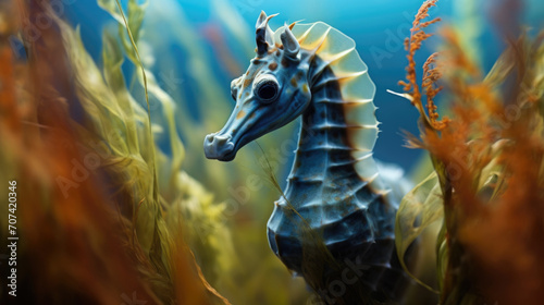 colorful seahorse camouflaged among swaying seagrass generative ai