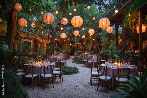 An elegant outdoor wedding reception setup with tables, floral centerpieces, and guests enjoying the golden sunset...