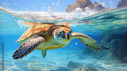 Intricate depiction of a sea turtle gliding gracefully through crystal-clear waters generative ai