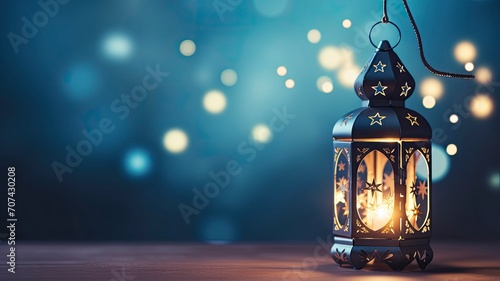 Ramadan Kareem - Moon And Arabian Lantern With Blue Sky At Night With Abstract Defocused Lights - Eid Ul Fitr, copy space - generative ai