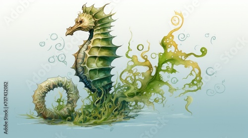 Realistic illustration of a regal seahorse clinging to a piece of floating seaweed generative ai