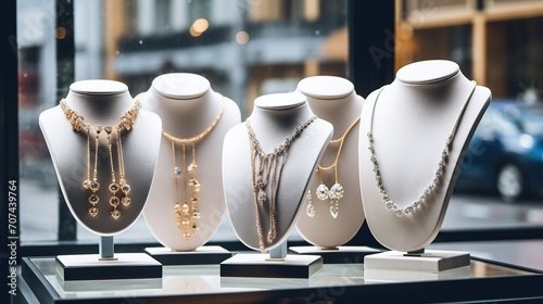 white gold jewelry, lots of pearl necklaces, necklaces in the women's accessories shop window