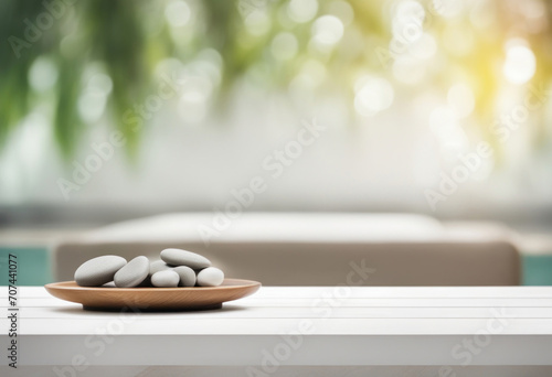 Zen stones in a spa. Empty white table top in front, blurred spa room background. Relaxation banner, generated by AI