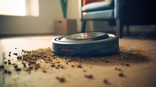 Macro view of a robot vacuums dustbin full of gathered dust and debris from a carpet.
