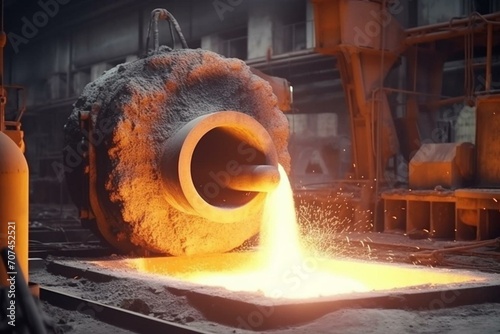 Machine casting iron pipe in foundry for metallurgical industry. Generative AI