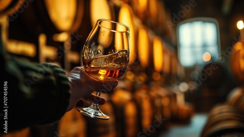 Hand holding a glass of brandy in a cellar