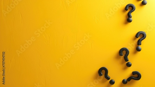 Black question marks scattered on a vibrant yellow background