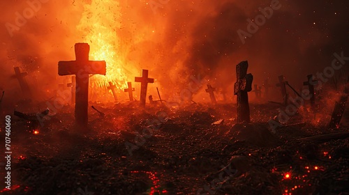 an image of some crosses, Intense fire, red flames of war