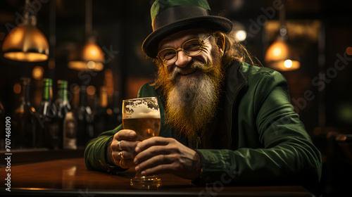 Leprechaun drinking beer - man dressed in green outfit for Saint Patrick’s Day - party - bar - pub - festival 