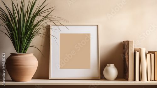 Picture frame on beige neutral background, mockup photography