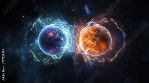 A visual representation of the fusion of two individual cells, a and egg, intertwined against a cosmic canvas signifying the birth of a new being.