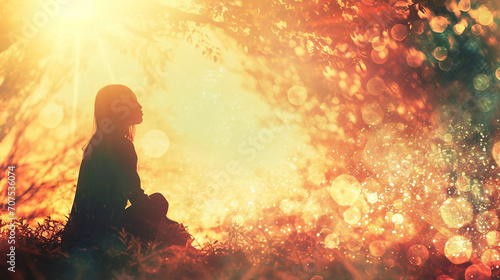 A Bokeh Image of a Woman Sitting Outdoors Cross-Legged During a Sunset With Copy Space