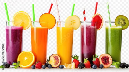 Freshly pressed Fruit vegetable juice smoothie with fruits veggie toppings on transparent background cutout. PNG file. Many assorted different flavour. Mockup template for artwork design