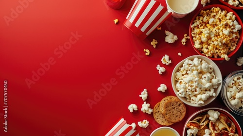movie snacks and drink in different styles on top and bottom, red space with movie snack and drink