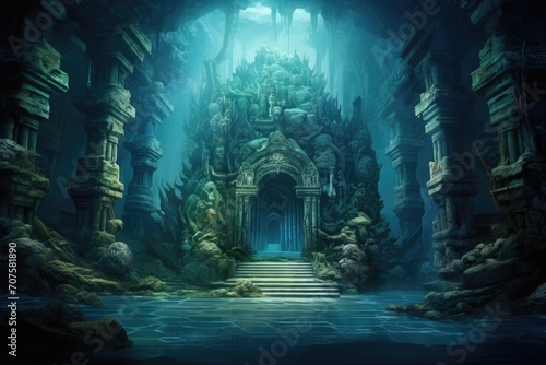 Hidden Underwater Temple: A mysterious temple covered in marine life.