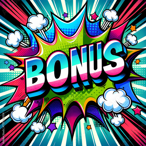  "BONUS" in large, bold letters, filled with a pink and blue halftone pattern, giving it a 3D pop-out effect against a background of comic-style explosions and starbursts.