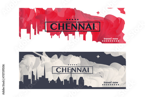 Chennai city banner pack with abstract shapes of skyline, cityscape, landmark. India, Tamil Nadu travel vector horizontal illustration layout for brochure, website, page, presentation, header, footer