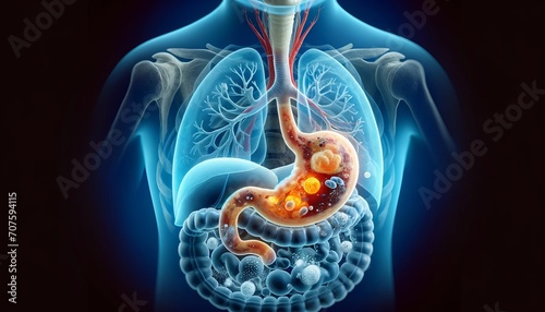 acid reflux, gastritis, dark blue background, medical illustration