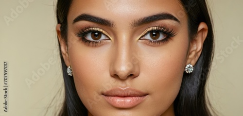  a close up of a woman's face with long black hair and gold eyeshadow and diamond earrings.